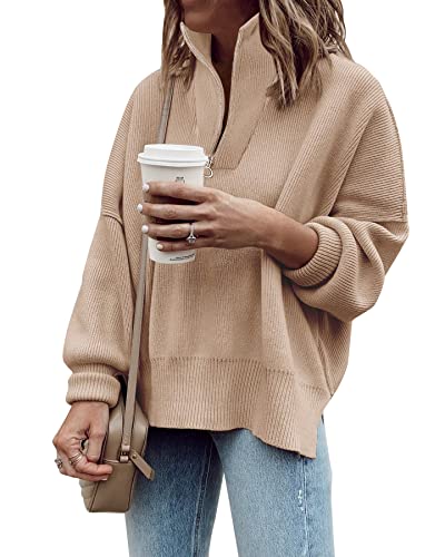 Imily Bela Womens Tunic Sweater Fall Long Sleeve 1/4 Zip Pullover Sweaters Oversized Slouchy Ribbed Knit Sweatshirt with Slit Khaki
