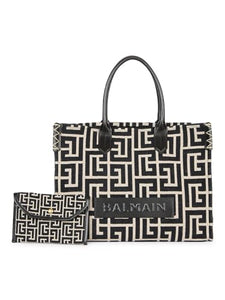 Balmain, B-Army Monogram Jacquard 36 Shopper Tote Bag, Ivory Noir