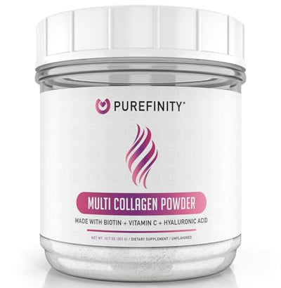 PUREFINITY Collagen Peptides for Women – Type I, II, III, V & X with Biotin & Hyaluronic Acid, Supports Healthy Skin, Bones, Hair & Nails – Non-GMO, Grass-Fed, Unflavored, 10.7oz (1 Month Supply)