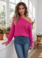 Load image into Gallery viewer, ACWUMU Womens Off Shoulder Crochet Sweater Fall Fashion 2025 Knit Tops Casual Long Sleeve Pullover Sweaters Rose
