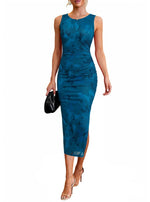 Load image into Gallery viewer, oten Midi Dresses for Women 2025 Mesh Bodycon Floral Wedding Guest Cocktail Formal Party Date Summer Dress, Lake Blue Floral, Small
