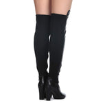 Load image into Gallery viewer, Shoe&#39;N Tale Women Faux Suede Chunky Heel Stretch Over The Knee Thigh High Boots (9,Black Pu)
