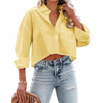 Load image into Gallery viewer, Women&#39;s Button Down Cropped Shirts Long Sleeve Casual Crop Tops Loose Fit Cotton Lapel Blouse Yellow
