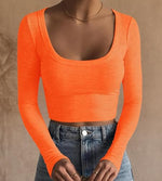 Load image into Gallery viewer, Artfish Women's Square Neck Long Sleeve Ribbed Slim Fitted Casual Basic Crop Top (Pumpkin Orange, XL)
