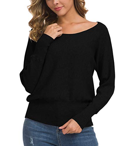 Feiersi Women's Off Shoulder Sweater Long Sleeve Loose Pullover Knit Jumper (Black,Medium)
