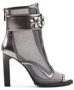 Load image into Gallery viewer, Karl Lagerfeld Paris Women&#39;s Blayze Peep-Toe Heeled Fashion Bootie with Stud Embellishments Boot, Silver, 8.5
