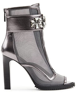 Karl Lagerfeld Paris Women's Blayze Peep-Toe Heeled Fashion Bootie with Stud Embellishments Boot, Silver, 8.5