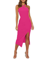 Load image into Gallery viewer, OWIN Women Halter Cocktail Formal Dresses 2025 Summer Wedding Guest Dress High Waisted Knee Length Birthday Party Midi Dress with Slit Hot Pink, L
