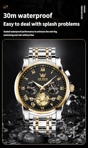 OLEVS Black Watches for Men Luxury Fashion Gold and Silver Stainless Steel Men's Wrist Watches Classic Nice Big Face Waterproof Quartz Men Watch with Day Two Tone Moon Phase Relojes para Hombres