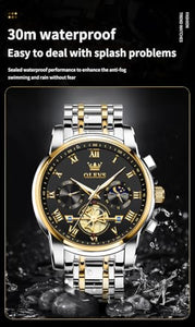 OLEVS Black Watches for Men Luxury Fashion Gold and Silver Stainless Steel Men's Wrist Watches Classic Nice Big Face Waterproof Quartz Men Watch with Day Two Tone Moon Phase Relojes para Hombres