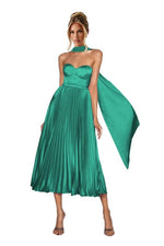 Load image into Gallery viewer, Strapless Women's Tea Length Aqua Blue Satin Prom Dress Ruffles Pleated Bridesmaid Dresses with Scraf 2025 LA202 12
