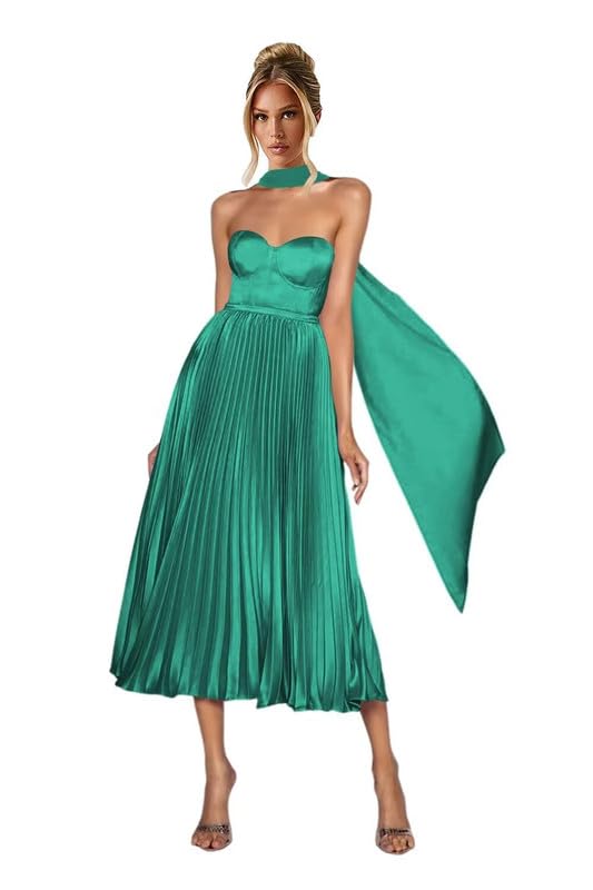 Strapless Women's Tea Length Aqua Blue Satin Prom Dress Ruffles Pleated Bridesmaid Dresses with Scraf 2025 LA202 12