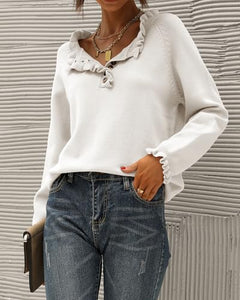 BTFBM Womens Sweaters Fall Winter Clothes 2025 Long Sleeve Button Down Ruffle Crew Neck Casual Knitted Pullover Tops(Solid White, Small)