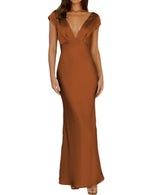 Load image into Gallery viewer, Halfisland Womens Summer Satin V Neck Cap Sleeve Backless Maxi Dress Elegant Twist Cut Out Midi Dresses Wedding Guest Brown
