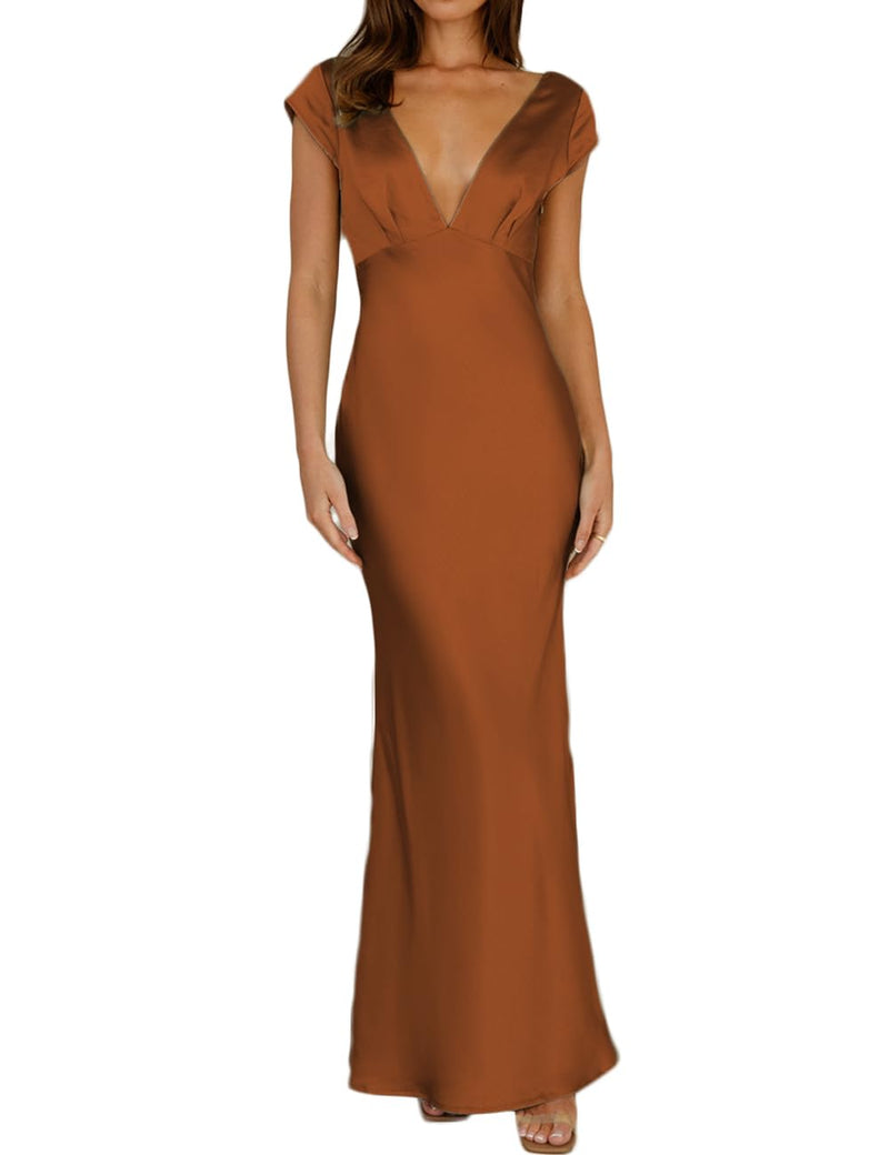 Halfisland Womens Summer Satin V Neck Cap Sleeve Backless Maxi Dress Elegant Twist Cut Out Midi Dresses Wedding Guest Brown