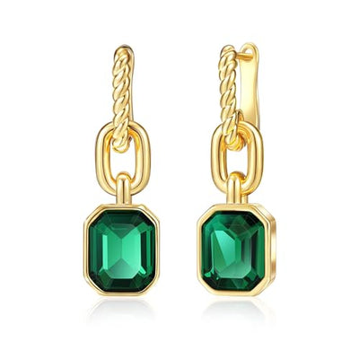 Mesovor Gold Crystal Hoop Earrings for Women Trendy, 18K Gold Plated Hoop Earrings | Emerald Green Black Crystal Dangling Earrings Jewelry Gift for Mother Wife (Green)