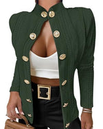 Load image into Gallery viewer, CHICME Women Argyle Cable Cardigan Casual Lightweight Cropped Coat Stand Collar Long Sleeve Metal Button Front Fall Green Jackets-M
