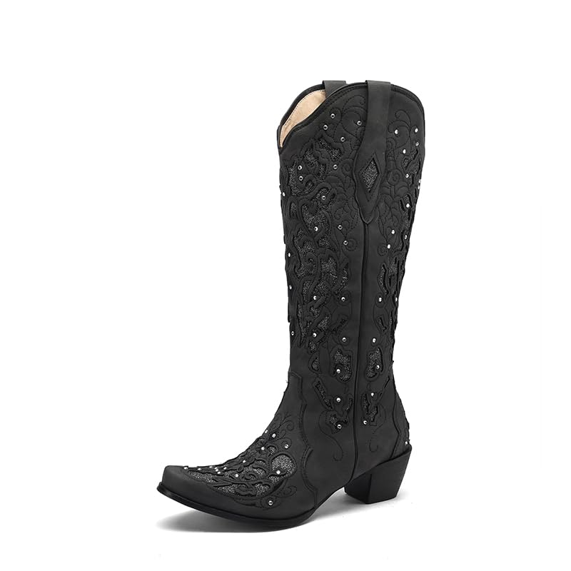 SaraIris Black Knee High Cowboy Boots for Women - Size 8.5, Chunky Heel, Pointed Toe, Rhinestones