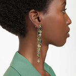 Load image into Gallery viewer, Swarovski Gema Drop Earrings, Asymmetrical design, Mixed cuts, Long, Green, Gold-tone Finish
