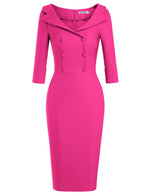 Load image into Gallery viewer, MUXXN Women's Classy Elegant 50s Midi 3/4 Sleeve Pencil V Neck Bodycon Fitted Casual Basic Wedding Guest Dress Hot Pink M

