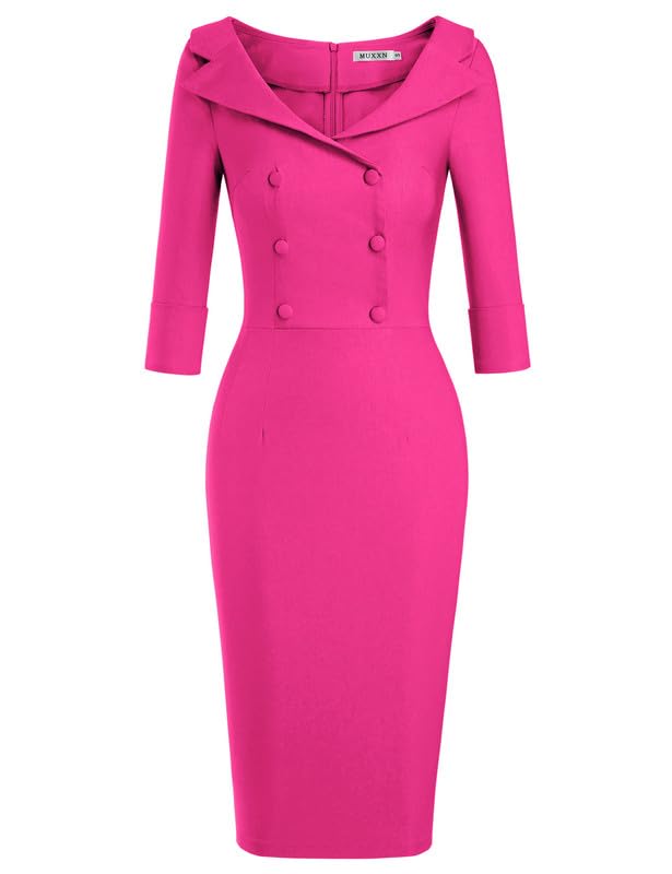 MUXXN Women's Classy Elegant 50s Midi 3/4 Sleeve Pencil V Neck Bodycon Fitted Casual Basic Wedding Guest Dress Hot Pink M
