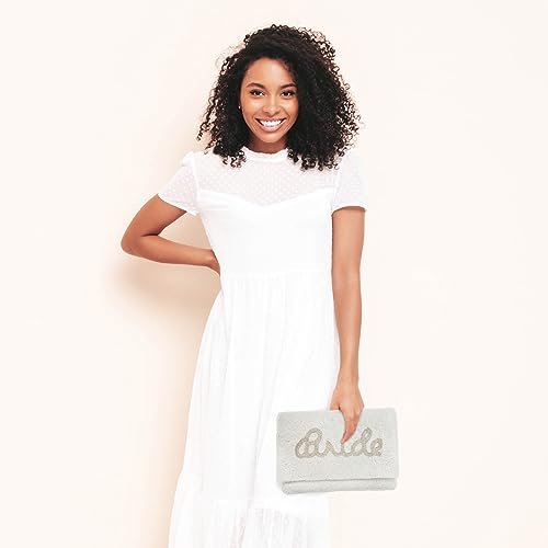 Pretty Robes BRIDE Clutch Purse for Wedding Day and Bachelorette Party, Bridal Purse, Gifts for Bride To Be (Silver)