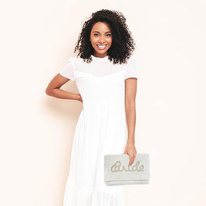 Pretty Robes BRIDE Clutch Purse for Wedding Day and Bachelorette Party, Bridal Purse, Gifts for Bride To Be (Silver)