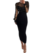 Load image into Gallery viewer, CHICME Sexy Black Dress for Women Mock Neck Bodycon Midi Dress Long Sleeve Sheer Dresses Beaded Night Club Party Dresses Black-XL
