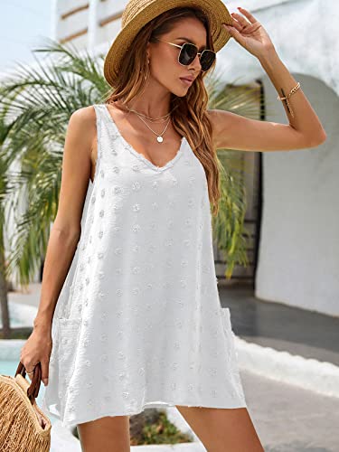 Blooming Jelly Womens Bathing Suit Cover Ups Casual Summer Dresses Sleeveless Mini Beach Dress (Medium, White)