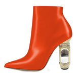 Load image into Gallery viewer, FSJ Women Chic Pointed Toe Crystal Chunky Block High Heel Ankle Boots Glossy Side Zipper Casual Daily Fashion Ladies Shoes Size 7 Orange
