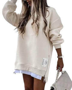 CHICME BEST SHOPPING DEALS Women Oversized Sweatshirt Zipper Slit Long Sleeve Pullover Top Fall Outfits Apricot-XL