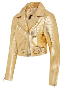Ladies Cropped Short Body Gothic Top Gold Chic Biker Real Leather Jacket