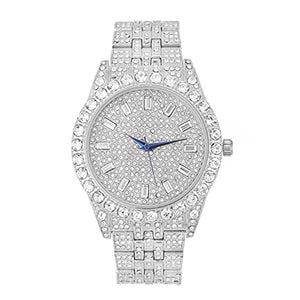 Charles Raymond Mens Watch w/Matching Iced Rolly Hip Hop Bracelet - Big Rhinestones on Trim and Elegant Baguette Time Indicators on Dial - Master Bling Designer - ST10226B (Silver)