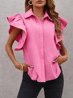 Load image into Gallery viewer, Tankaneo Womens Ruffle Button Down Shirts Cute Summer Short Sleeve Tops Blouse Rose Red
