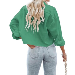 Women's Button Down Cropped Shirts Long Sleeve Casual Crop Tops Loose Fit Cotton Lapel Blouse Green