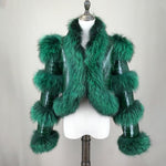 Load image into Gallery viewer, LVCOMEFF Women Sheep Leather Cropped Jacket Bolero Top Coat Motorcycle Jacket With Fox Fur Layer Long Sleeve Python Pattern (US, Alpha, X-Small, Regular, Regular, green 2)
