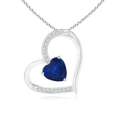 Angara Natural 0.85 Ct Blue Sapphire and 0.09 Ct Diamond Heart Pendant Necklace for Women in 14K White Gold (Grade-AA | Size-6mm) | September Birthstone, Birthday, Anniversary Jewelry Gift For Women