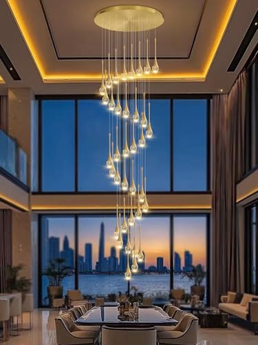 ykolupty H150 Spiral Chandelier Lighting Modern Gold Chandelier Light Fixture for Foyer Hallway Crystal Chandeliers for High Ceilings Suitable for Sloping Ceiling 2700-6000k Dimmable