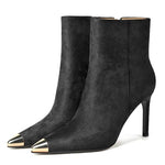 Load image into Gallery viewer, XINIUNIU Black Boots for Women Ankle Booties Kitten Stiletto Heels Metal Pointed Toe Suede Side Zipper 3.5 Inch Dressy Short Boot Size 8
