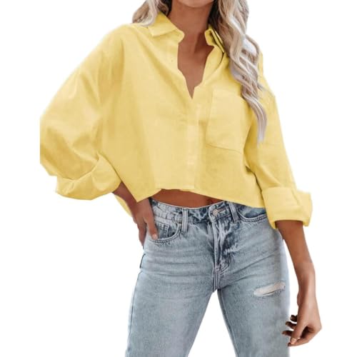 Women's Button Down Cropped Shirts Long Sleeve Casual Crop Tops Loose Fit Cotton Lapel Blouse Yellow