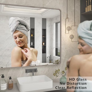 CHARMOR 48x36 Silver Bathroom Mirror, Brushed Silver Framed Bathroom Vanity Mirror, Modern Rectangle Mirror, Rounded Corners, Shatterprood, Anti-Rust (Horizontal/Vertical)