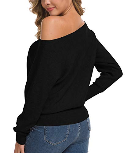 Feiersi Women's Off Shoulder Sweater Long Sleeve Loose Pullover Knit Jumper (Black,Medium)