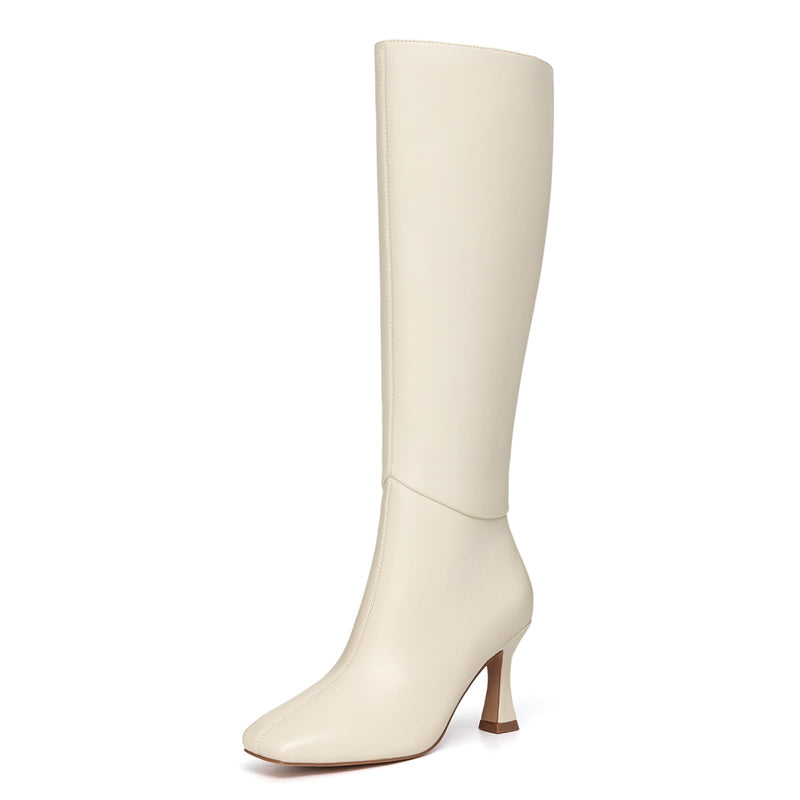 Athlefit Women's Knee High Boots Kitten Heel Square Toe Tall Boots Fashion Dress Stiletto Heeled Beige Long Booties Size 9.5