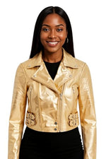 Load image into Gallery viewer, Ladies Cropped Short Body Gothic Top Gold Chic Biker Real Leather Jacket
