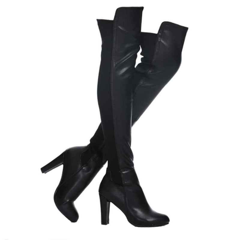Shoe'N Tale Women Faux Suede Chunky Heel Stretch Over The Knee Thigh High Boots (9,Black Pu)