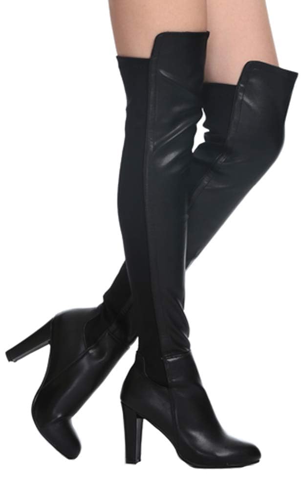 Shoe'N Tale Women Faux Suede Chunky Heel Stretch Over The Knee Thigh High Boots (9,Black Pu)