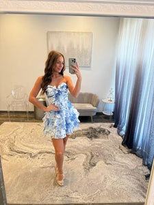 RATALA Strapless Floral Print Homecoming Dresses Short Tiered Ruffle Formal Party Gowns with Bow Sky Blue Size 2