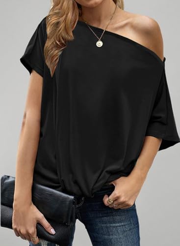 Womens Summer Black Off The Shoulder Tops Sexy Casual Short Sleeve 2025 Trendy Ladies Cute Front Twist Knot Batwing Dolman Going Out Oversized T Shirts Blouse Fashion Clothes L