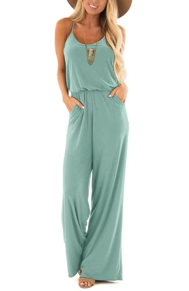 Lacozy Women Loose Tank Jumpsuits Casual Sexy V Neck Sleeveless Wide Leg Pants Jumpsuit Rompers Blue Green Medium