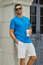 Load image into Gallery viewer, Men&#39;s Fashion Henley Shirt Classic Short/Long Sleeve Lightweight Button Cotton T-Shirt Casual Top Blue
